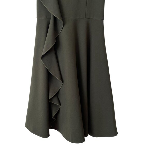 Few Moda Size S Side Ruffle Midi A-Line Flare Dress Green Olive Career - Picture 5 of 9
